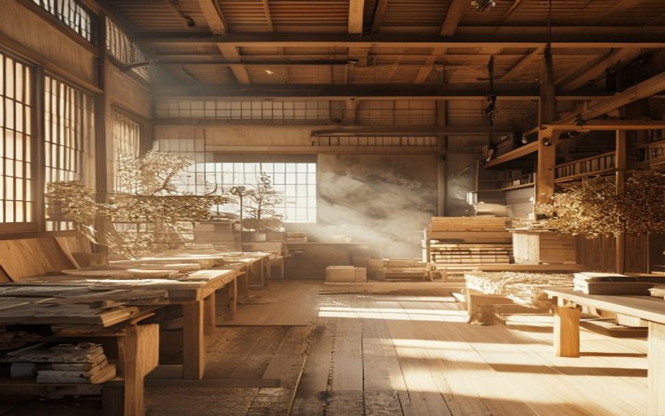 窓から光の差し込む木工所の作業場（イメージ）