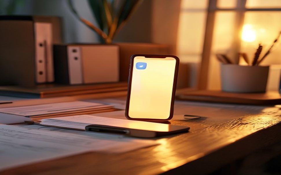 チャット通知の届いたスマートフォンと整理された書類トレイ(イメージ)